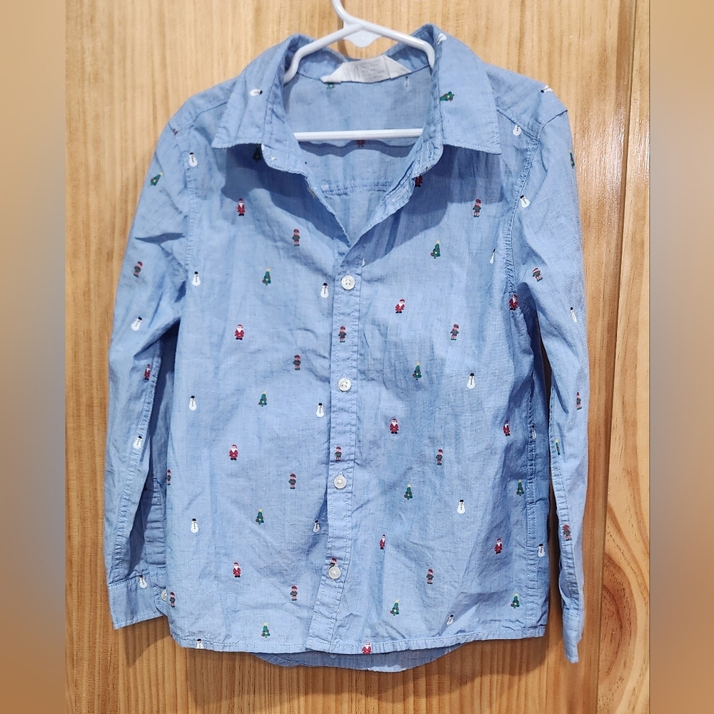 H&M Long Sleeve Cotton Shirt; Light Blue/Christmas